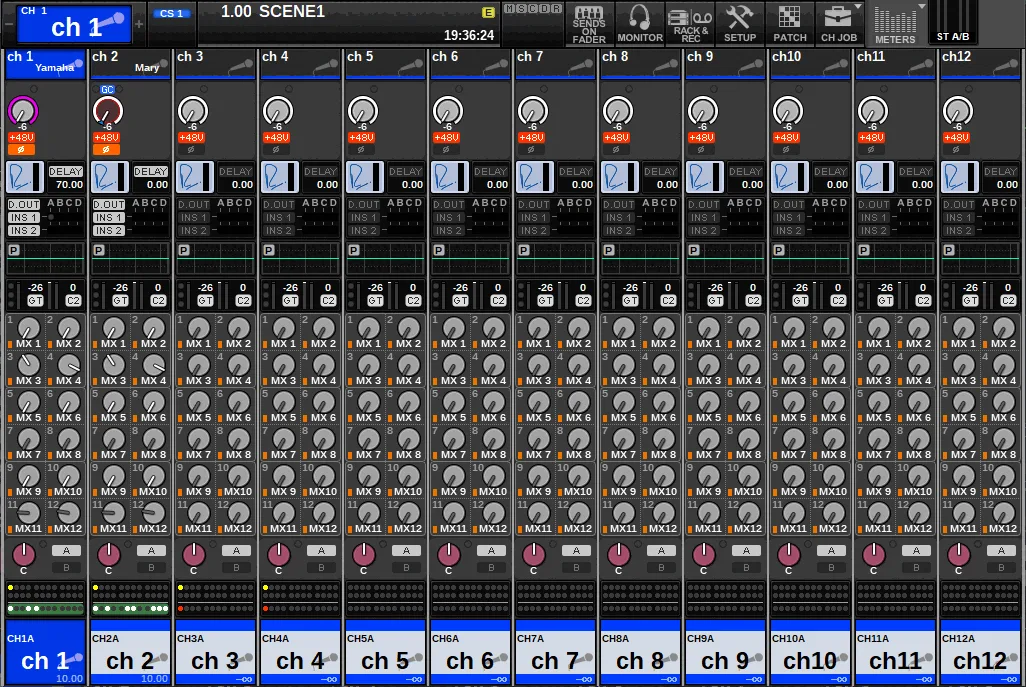 OVERVIEW screen in Theatre mode (actor and library management) (RIVAGE PM series manual, interface shared by PM10/PM7/PM5)
