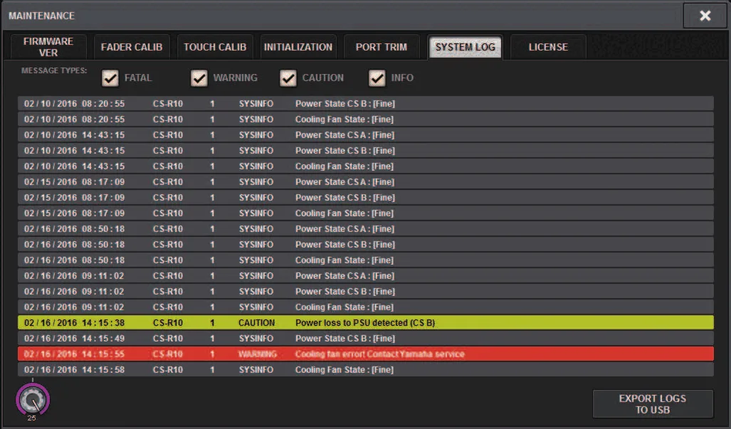 MAINTENANCE window, SYSTEM LOG tab (RIVAGE PM series manual, interface shared by PM10/PM7/PM5)