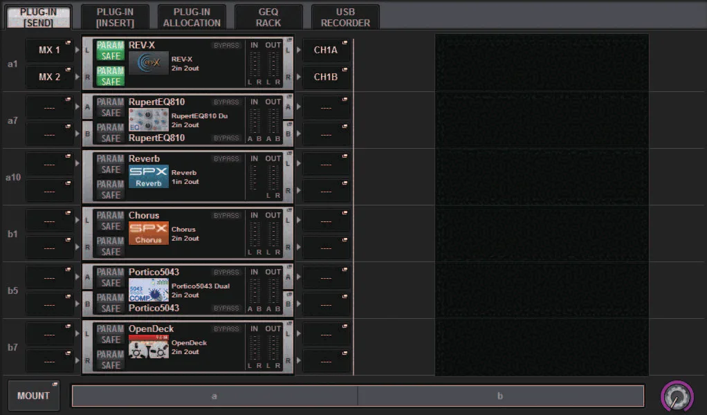 RACK screen, PLUG-IN tab: mounted plug-ins (REV-X, Rupert EQ, SPX, Portico, OpenDeck) (RIVAGE PM series manual, interface shared by PM10/PM7/PM5)