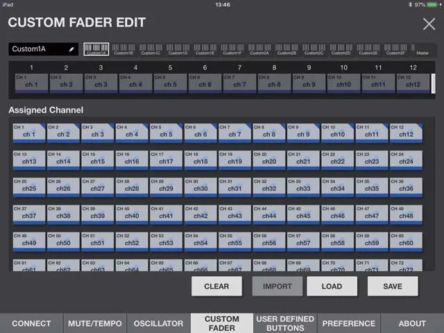 RIVAGE PM StageMix iPad app: CUSTOM FADER EDIT screen