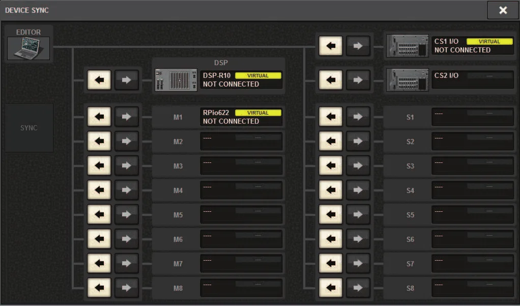 RIVAGE PM Editor online: DEVICE SYNC window for synchronising with the console