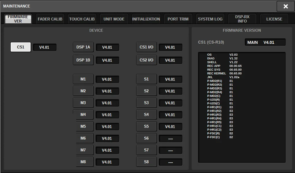 MAINTENANCE window, FIRMWARE VER tab: component versions (RIVAGE PM series manual, interface shared by PM10/PM7/PM5)
