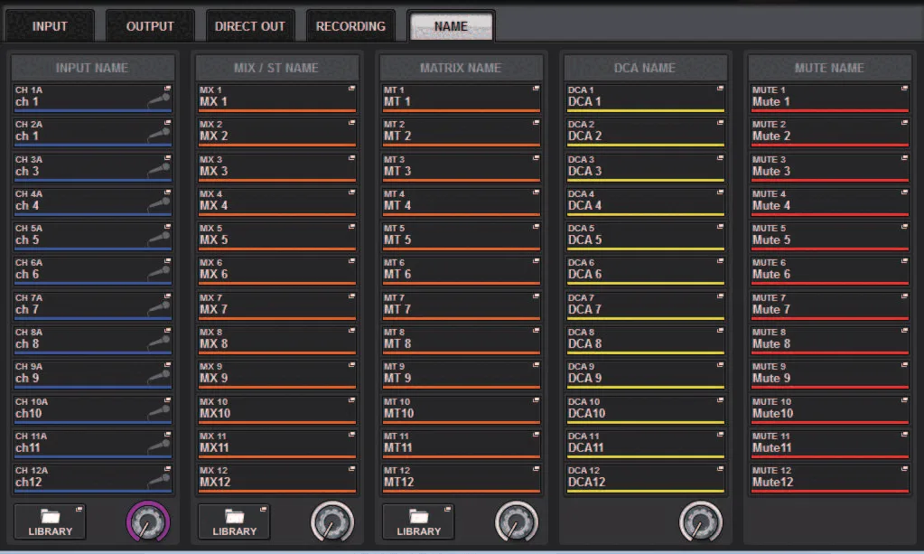 PATCH screen, NAME tab: names of inputs, Mix, Matrix, DCA and mutes (RIVAGE PM series manual, interface shared by PM10/PM7/PM5)