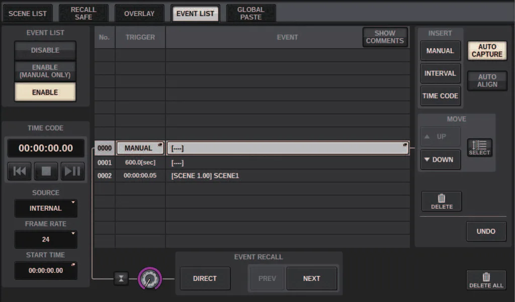 EVENT LIST screen: timecode-triggered events (RIVAGE PM series manual, interface shared by PM10/PM7/PM5)
