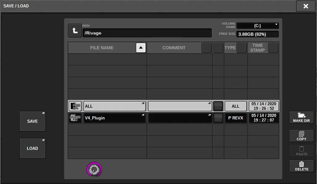 RIVAGE PM Editor software: SAVE/LOAD window for show files