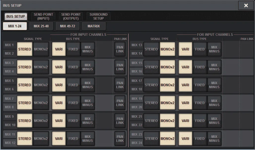 BUS SETUP window: signal type and bus type for Mix 1-24 (RIVAGE PM series manual, interface shared by PM10/PM7/PM5)