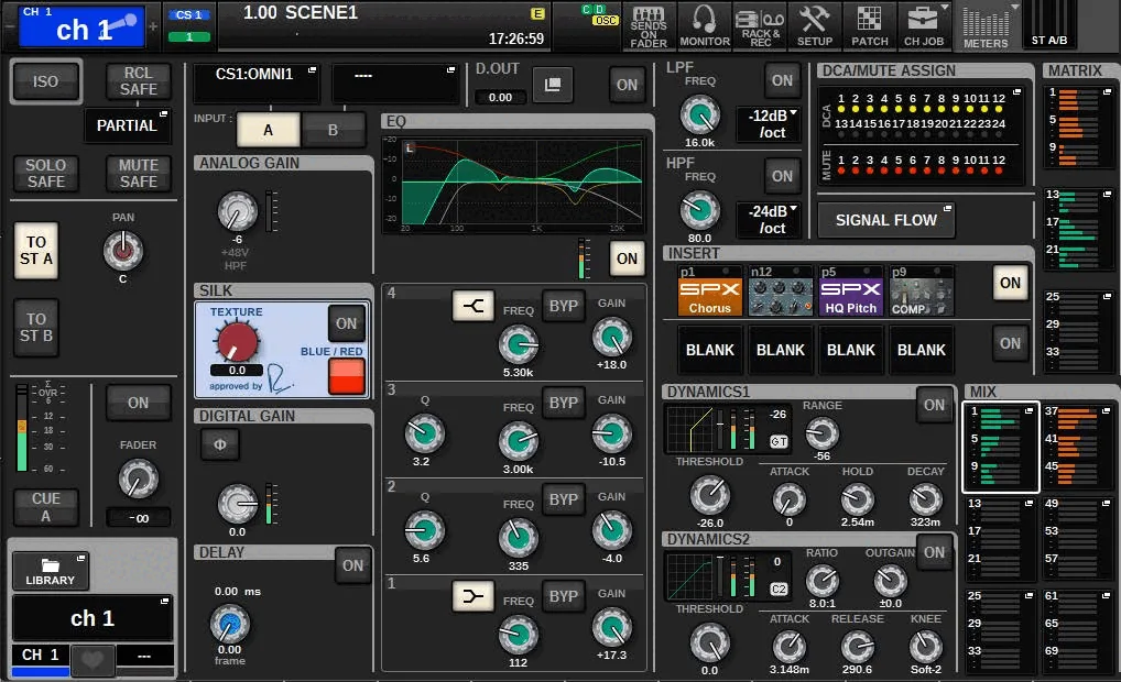 SELECTED CHANNEL VIEW screen: every section of the selected channel (analog/digital gain, SILK, EQ, HPF/LPF, insert, dynamics 1 and 2, DCA, Mix/Matrix sends) (RIVAGE PM series manual, interface shared by PM10/PM7/PM5)