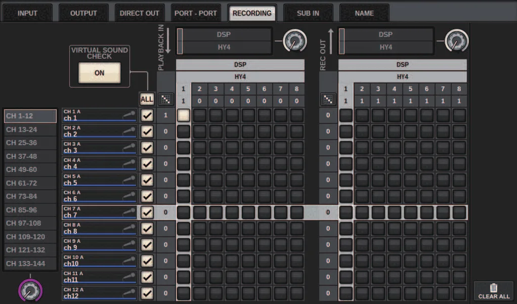 PATCH screen, RECORDING tab: multitrack recording patch and virtual soundcheck (RIVAGE PM series manual, interface shared by PM10/PM7/PM5)