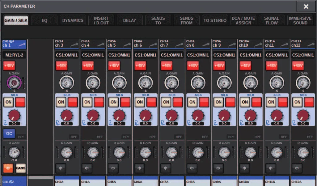 CH PARAMETER window, GAIN/SILK tab across 12 channels: input patch, +48V, analog gain, SILK and digital gain (RIVAGE PM series manual, interface shared by PM10/PM7/PM5)