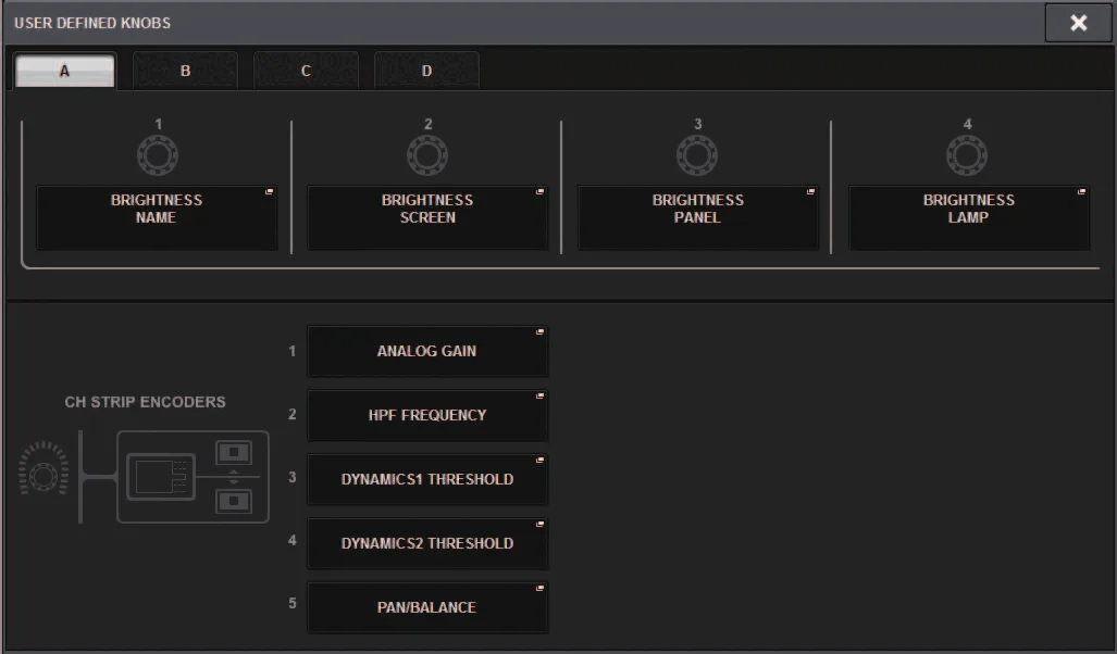 USER DEFINED KNOBS window (RIVAGE PM series manual, interface shared by PM10/PM7/PM5)