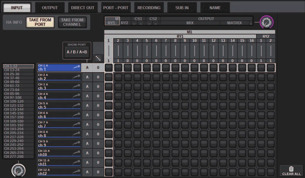 PATCH screen, INPUT tab: input patch grid (RIVAGE PM series manual, interface shared by PM10/PM7/PM5)
