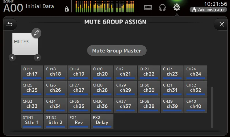Écran MUTE GROUP ASSIGN de la TF5