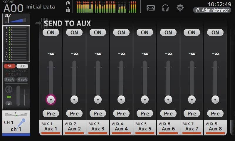 Écran SEND TO AUX de la TF5 : envois vers les bus Aux