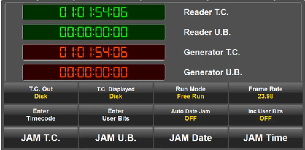 Oasis GUI Time Code and User Bits menu: timecode reader and generator, source, run mode, frame rate and jam controls (2x enlarged capture)