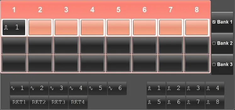 Oasis GUI Fader Assign menu: assignment of inputs to the 8 faders of each of the 3 banks