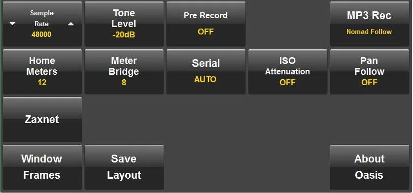 Oasis GUI Setup menu: sample rate, tone, meters, serial link, ZaxNet, ISO attenuation and layout saving