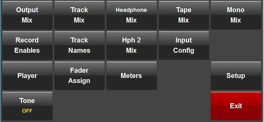 Oasis GUI main menu: access to Output, Track, Headphone, Tape and Mono mixes, record enables, Fader Assign, meters, player and Setup