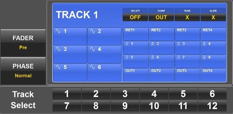 Oasis GUI Track Mix menu: assignment of inputs to the selected record track, pre or post fader, phase and card compressors