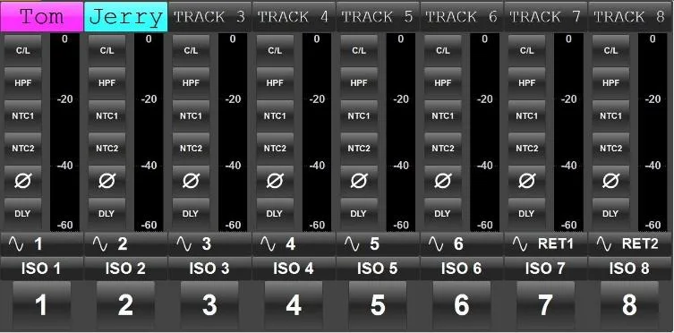Oasis GUI Meters menu: extended channel metering with names, active processing and levels
