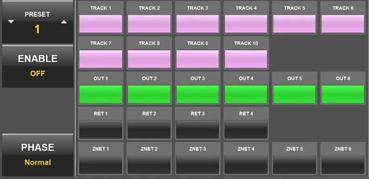 Oasis GUI Headphone Mix menu: headphone presets with track, output, return and ZaxNet sources