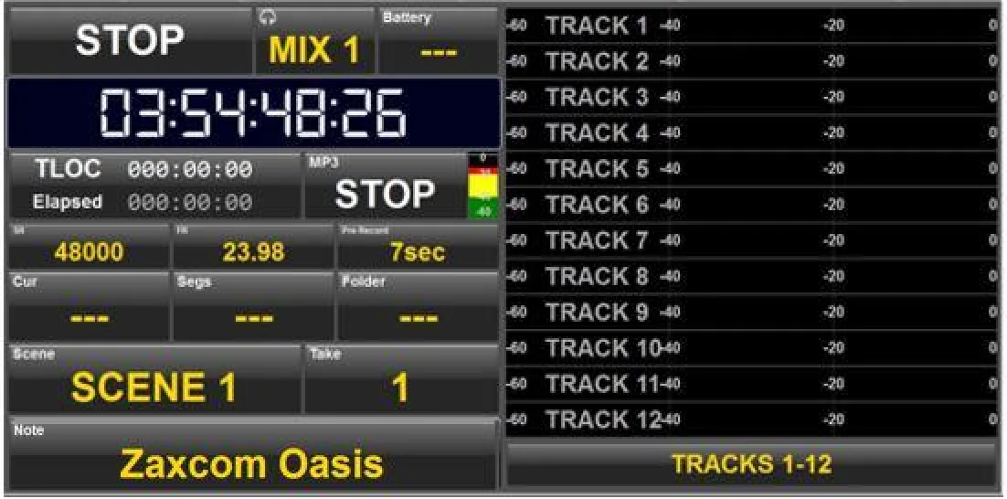 Oasis GUI home screen: transport status, timecode, sample rate, scene and take, and meters of the 12 tracks (2x enlarged capture)