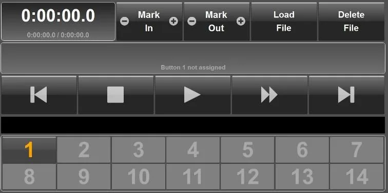 Oasis GUI audio player: transport, marks and 14 instant playback keys