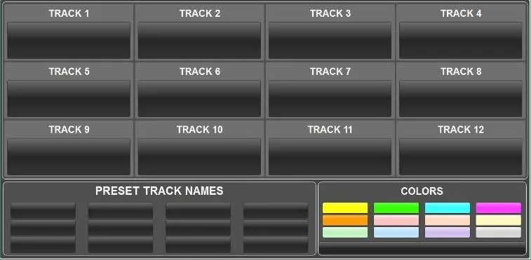 Oasis GUI Track Names menu: track naming, preset names and colours