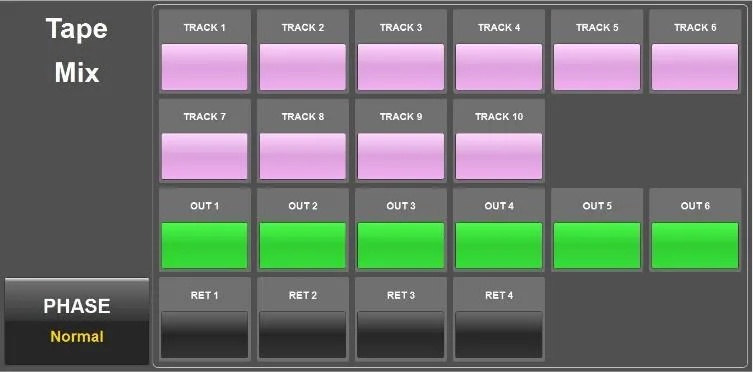 Oasis GUI Tape Mix menu: Tape mix sources among tracks, outputs and returns